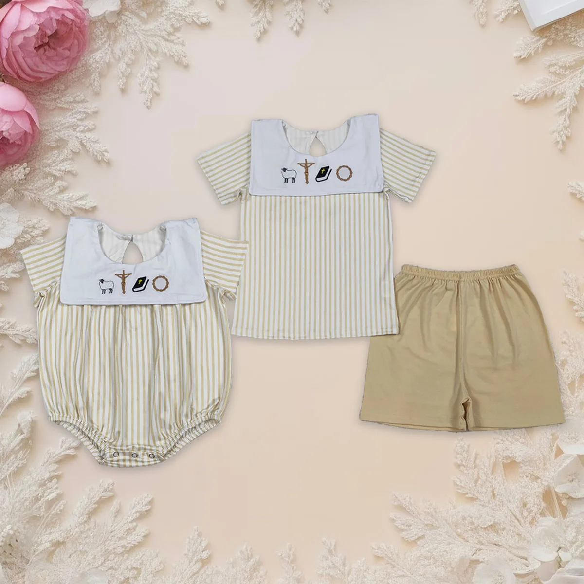 

Kids Sibling Boy Yellow Stripe Embroidery Cross Sheep Easter Top Short Clothes Set Children Boutique Baby Rompers Wholesale