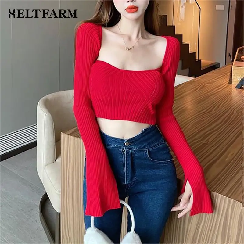 Autumn Winter Women Sexy Red Square Neck Long Sleeve Slim Short Knitted Sweater