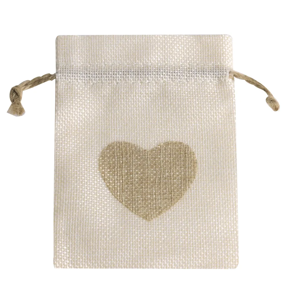 10pcs/lot Beige Heart Linen Drawstring Bag