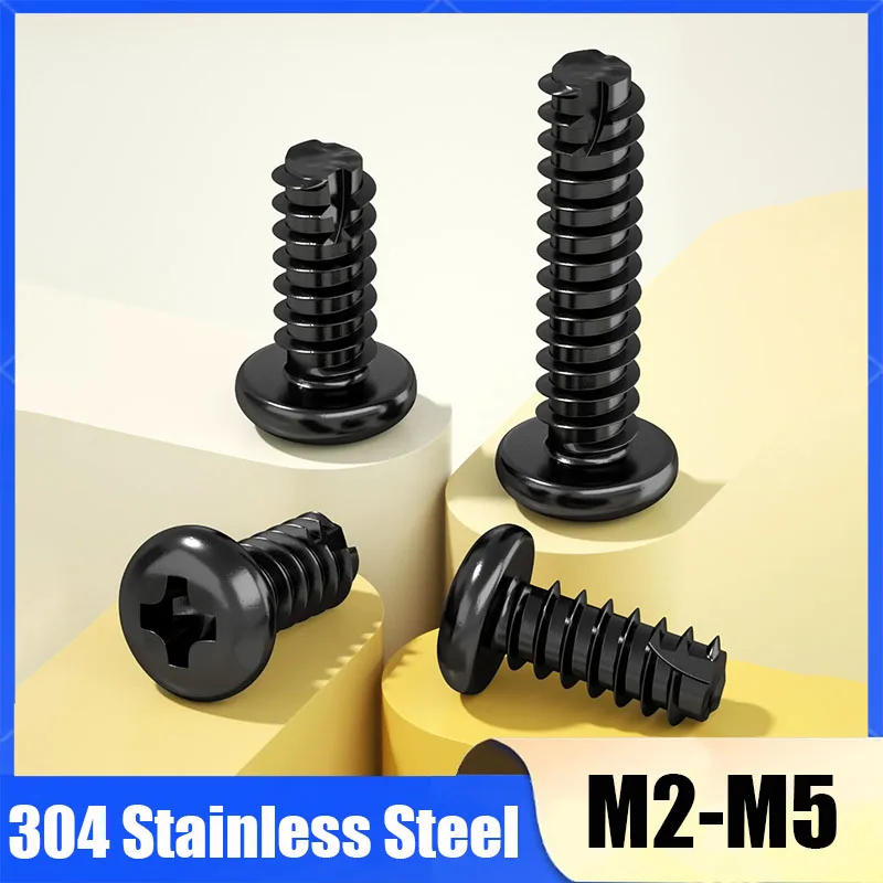 50-200Pcs Black 304 Stianless Steel M2 M2.3 M2.6 M3 M3.5 M4 M5 Cross Recessed Mushroom Head Cutting Tail Self Tapping Screws