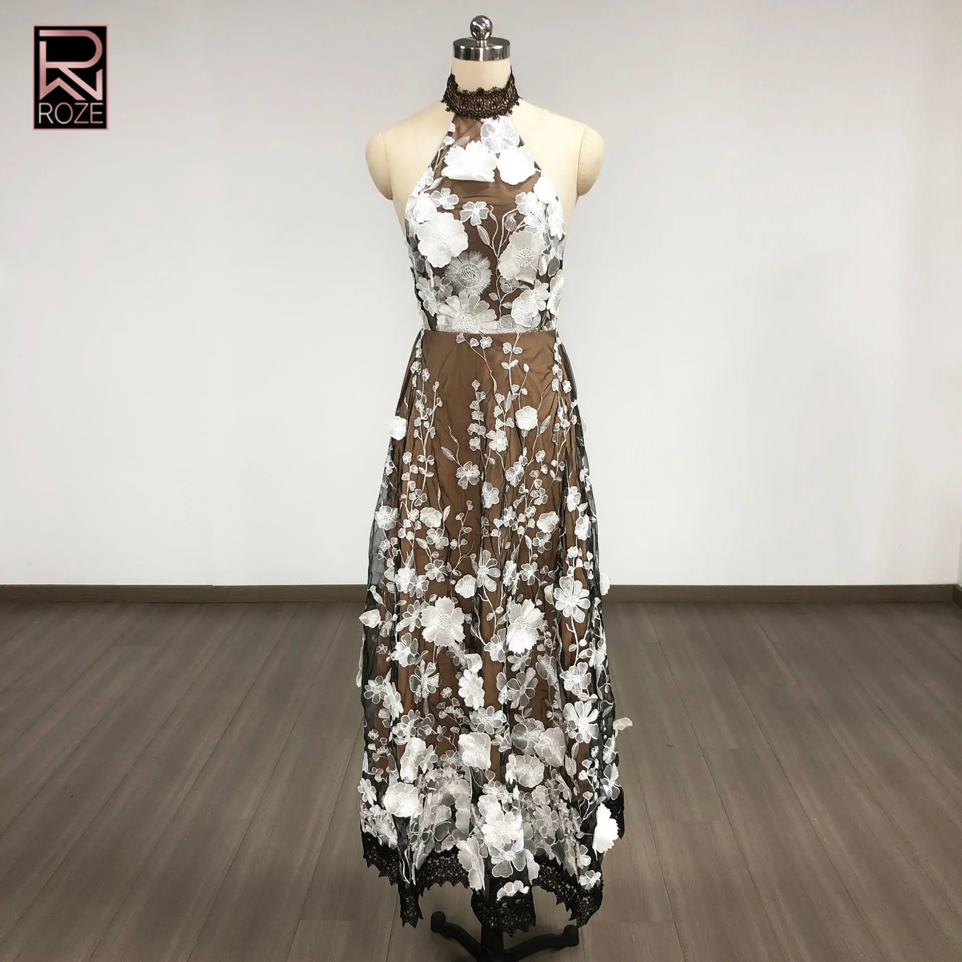 Robe dos nu florale collage – Robe dos ouvert et cintrée à la taille, robe d'ouverture de galerie