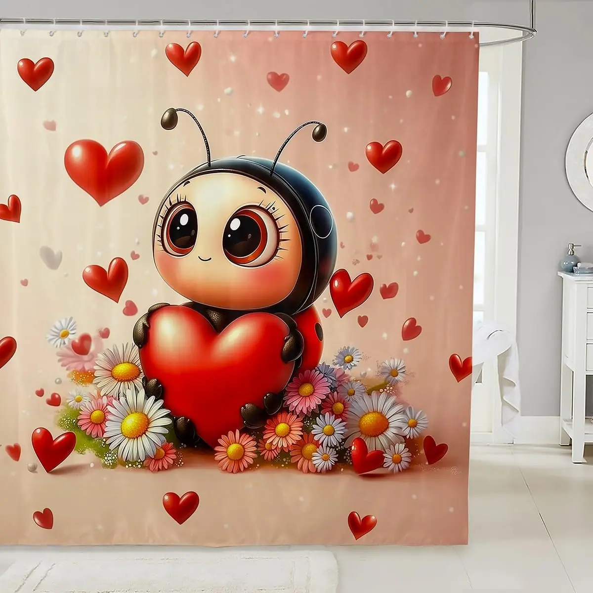 Cute Cartoon Ladybug Heart Floral Shower Curtain Waterproof for Bathroom Decor Kids Nursery Polyester Home Accent Shower Curtain