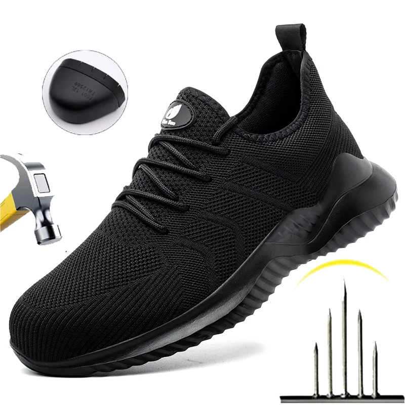Mens Work Shoes Steel Toe Safety Boots Anti-smash Shoes Mens Black Hiking Boots Lightweight Breathable Sneakers for Outdoor Work