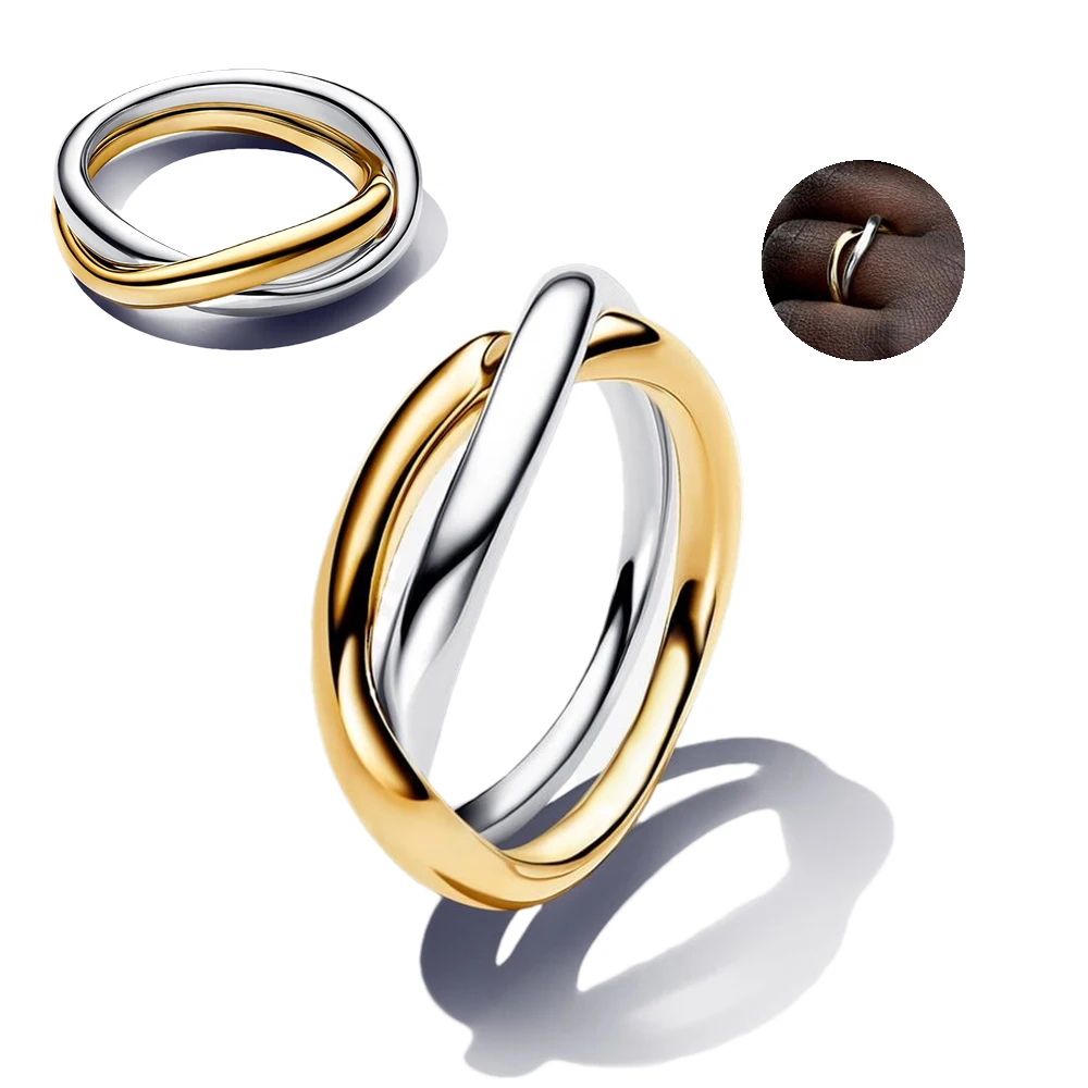 2024 Popular New Hot Connected Heart Organically Shaped Triple Band Open Gold Two-tone Entwined Bands Basic Rings Dropshippring