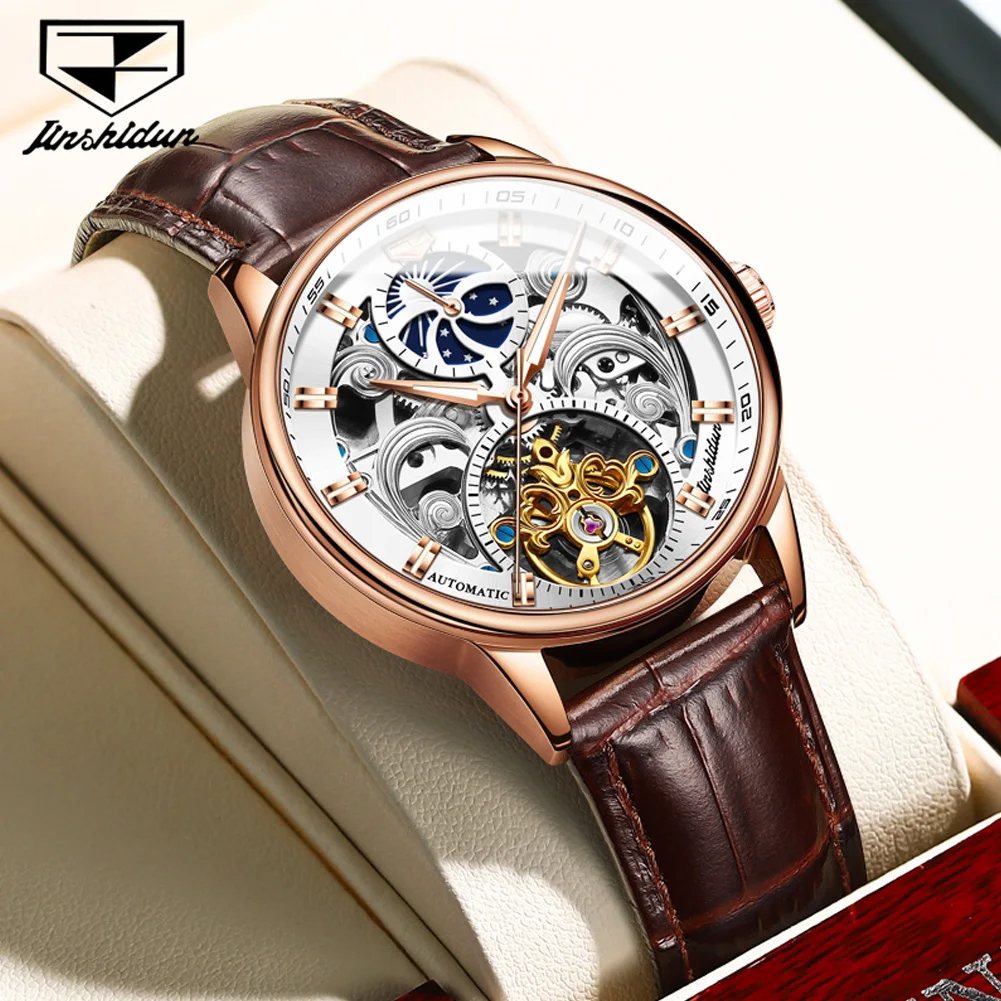 

JSDUN Moon Phase Fully Automatic Mechanical Watch Hollow Out Design Fashion Original Brand Men's Watches Luminous Leather Strap