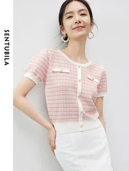 SENTUBILA Striped Tweed Knitted Pullovers 2024 Summer Simple Straight Short Sleeve Tops Commuter Elegant Woman Clothes W42H55048