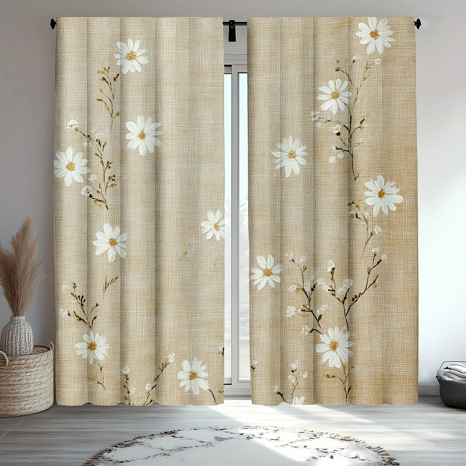 White Daisy Floral Pattern Curtains Beige Living Room Drapes Spring Decoration Cottagecore Style Neutral Window Panels
