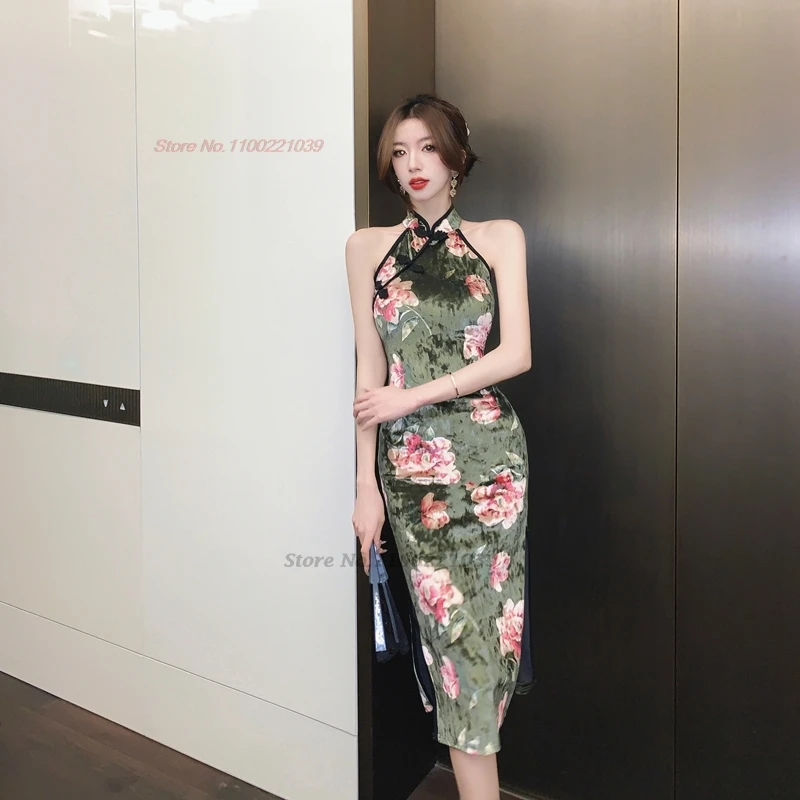 Vestido sexy chino cheongsam mejorado con estampado de flores nacionales, qipao de terciopelo elástico para discoteca, vestido de noche para banquete 2024