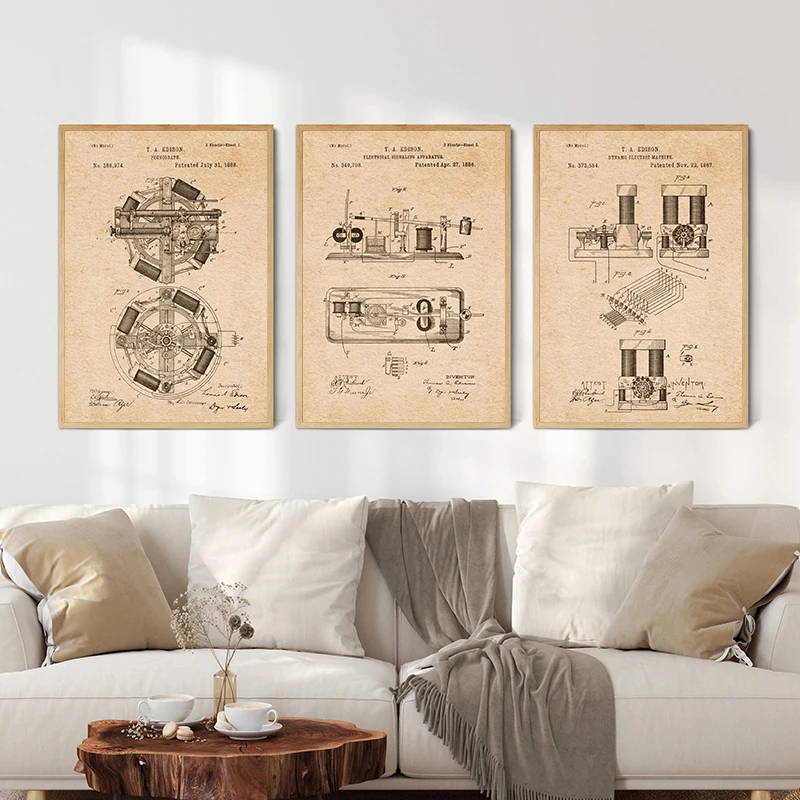 Vintage Thomas Edison DynamoElectric Lamp Patent Sketch Poster Engineer Canvas Wall Pictures For Living Room Home Office Decor