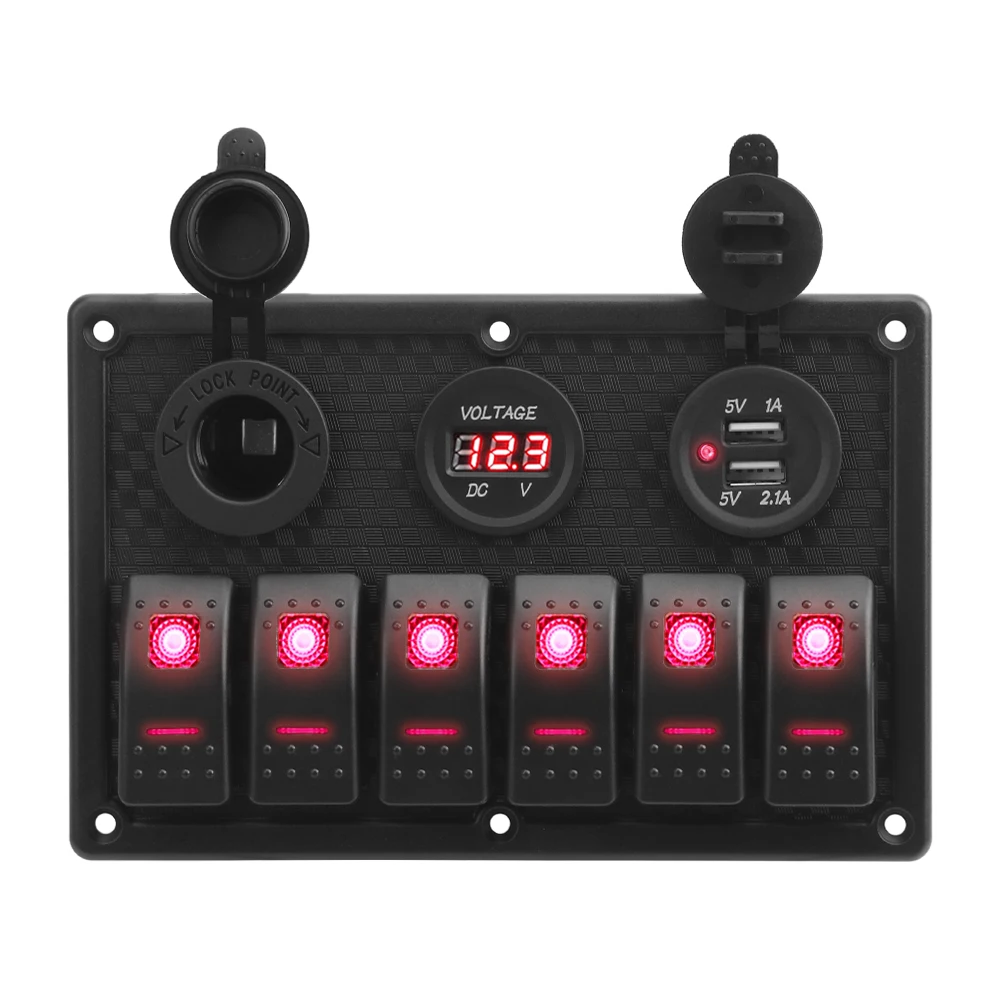 

Digital Voltage Display for Marine Boat Car Rv Vehicles Truck Yacht 4.2A Dual USB Slot Socket 6 Gang Rocker Switch Panel