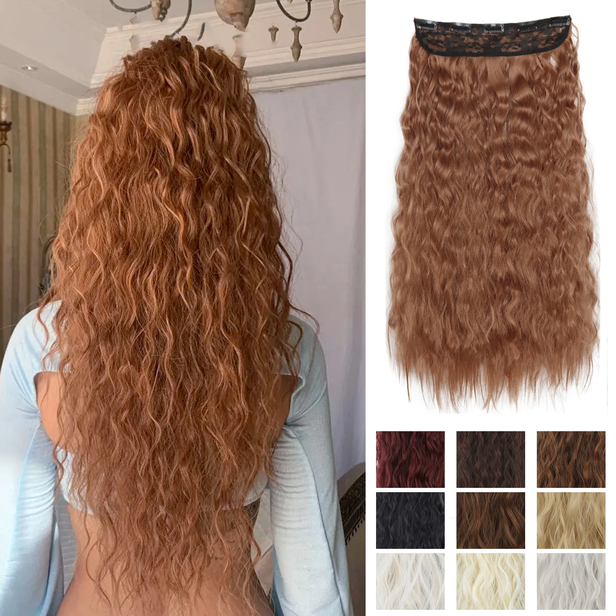 Extensiones de Cabello sintético con 5 clips para mujer, postizo de estilo largo y rizado, Marrón Natural y negro, 80cm, resistente al calor