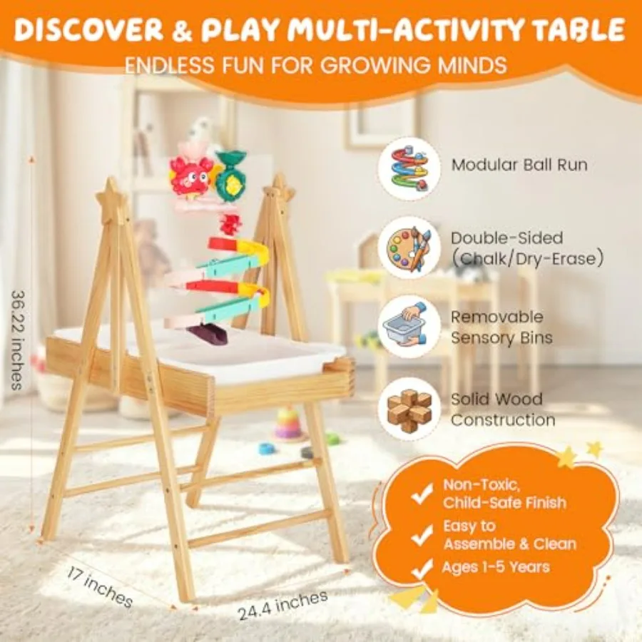 4-in-1 sand and water table for toddlerswooden sensory activity table in natural wood tone with white acrylic drawing board, st