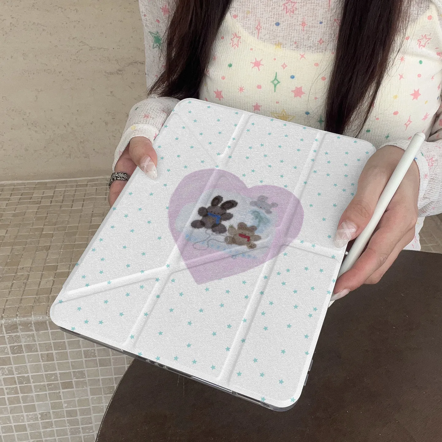 Ins Love Plush Rabbit Doll Tablet Case For iPad Pro 11 12.9 13 M2 M4 M3 M5 Shell 8.3 9.7 10.2 5/6/7/8/9/10/11th Air 4 5 6 Cover