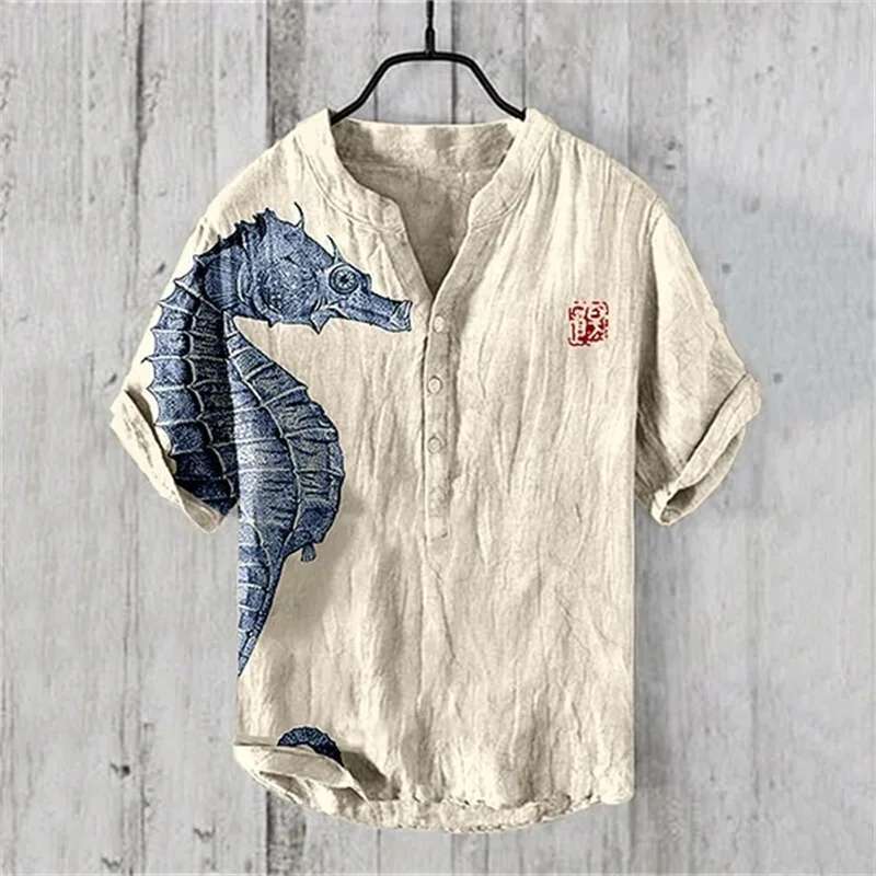 2024 Leisure Fashion Outdoor Men\'s 3D Printing Vintage Fish Japanese Linen Art Linen Blended Henley V-neck Shirt