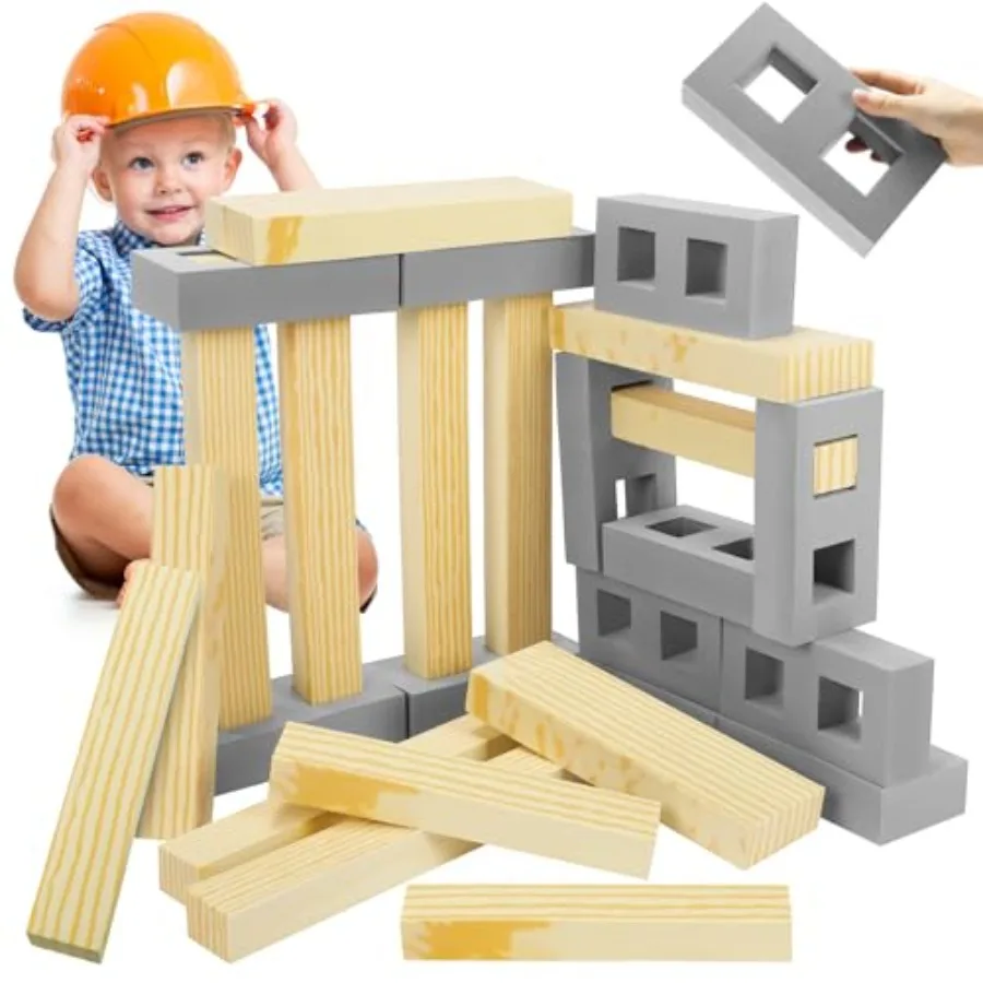 

24 Pcs Foam Wooden Beam Soft Foam Brick Building Blocks for Toddler Construction, Gray, Lightweight Safe Stacking Sets