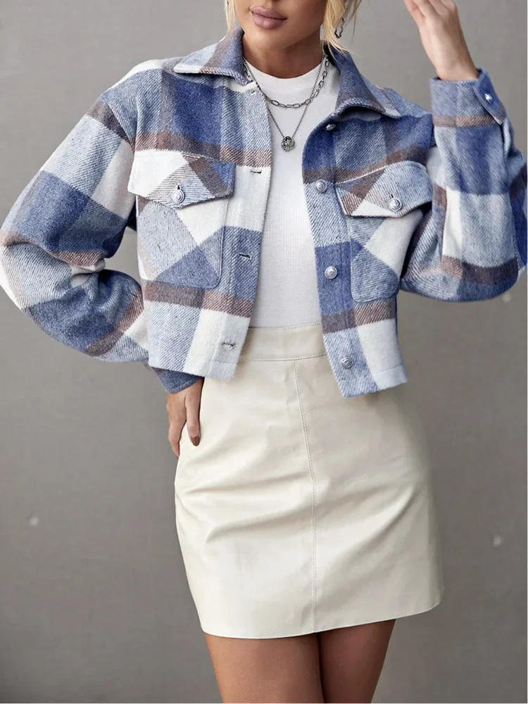 2024 New Winter Jackets Women Coat Lapel Plaid Single-Breasted Woolen Short Coat Autumn Plaid Print Drop Shoulder Crop Overcoat