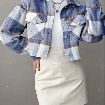 2024 new winter jackets women coat collar plaid single breasted woolen short jacket autumn plaid print drop shoulder crop overcoat