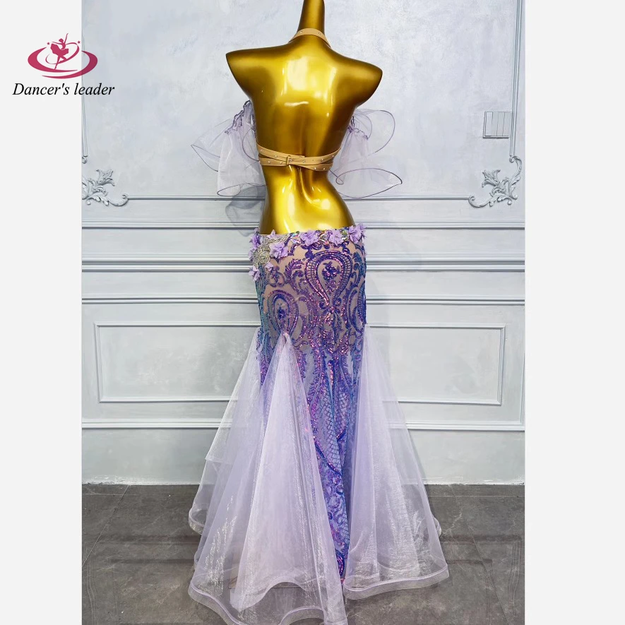 Belly Dance Professional dress High-end Purple Flower Tulle with Diamond Female Adult Stage Professional Clothing