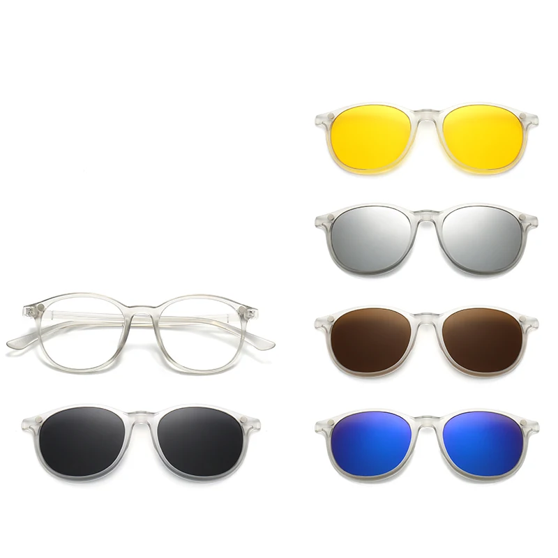 VCKA Transparent Frame Women Myopia Sunglasses 6 In 1 Magnetic Clip Glasses Round Men Polarized Prescription Eyeglass -0.5~-6.0