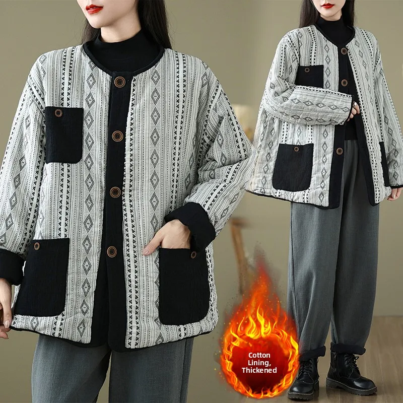 

Faionable Color Blo ket Алмазный узор Thiened Cotton Jaet Большой размер Женская зимняя повседневная круглая длинная одежда Ne...