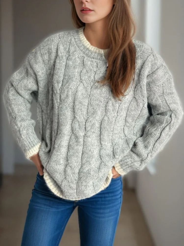 

Winter Clothes Woman Pulls Femmes Round Neck Casual Splicing Thickened Pullover All-match Loose Simple Style Sweater Comfortable