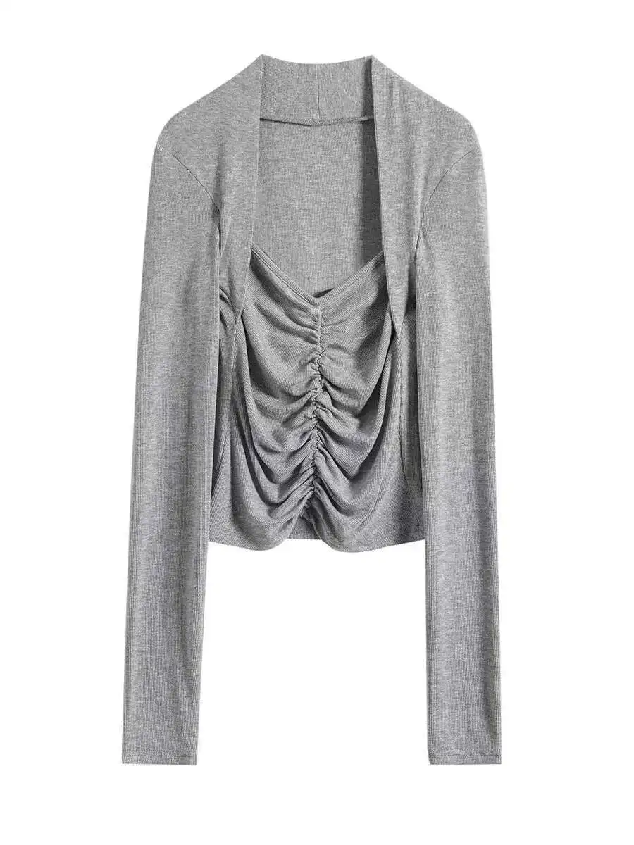 2024 Autunno Nuovo Ragazza Piccante Nicchia Design Senso Scollo A V Falso in Due Pezzi Manica Lunga Cinching Vita Solido Sottile Maglia Pullover NLB0