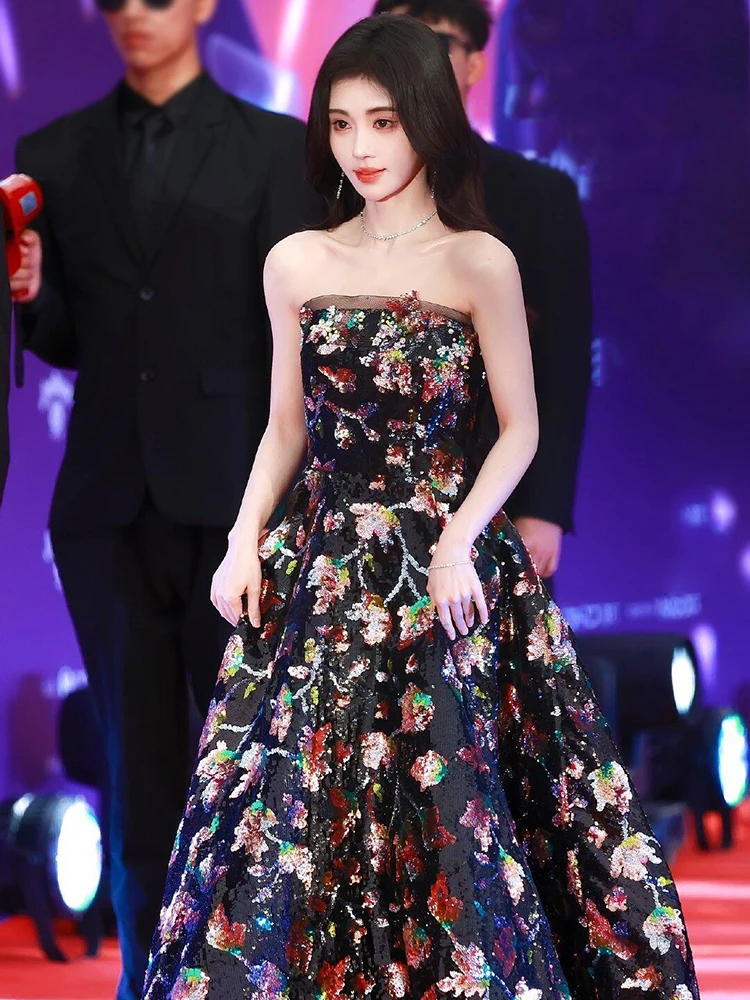 

Jū Jìngyī Evening Gown Adult Ceremony High-End Bla Host Vocal Art Exam Bustier Heavy Work Wine Serving Suit Korean Sle Se...