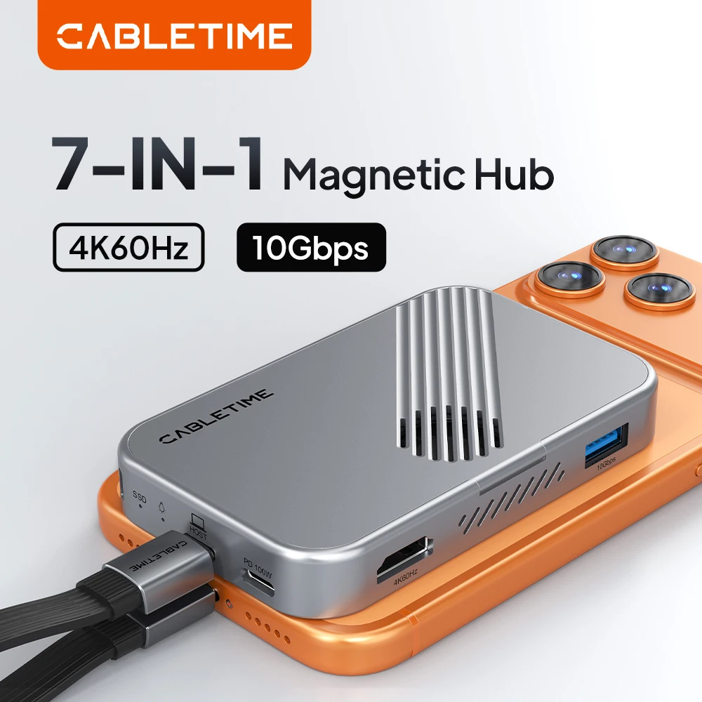 

Многофункциональный USB-C концентратор CABLETIME 7-в-1 с магнитным креплением для NVMe SSD, записью видео 4K ProRes, слотами SD/TF 3.0 и сильным магнитным креплением для iPhone 17PM