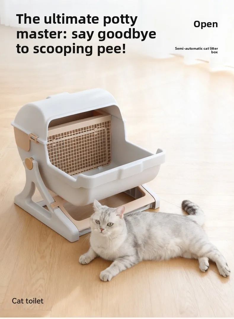 Semi Automatic No Scoop Cat Toilet, Large Size Semi-enclosed Kitty Litter Box for All Seasons