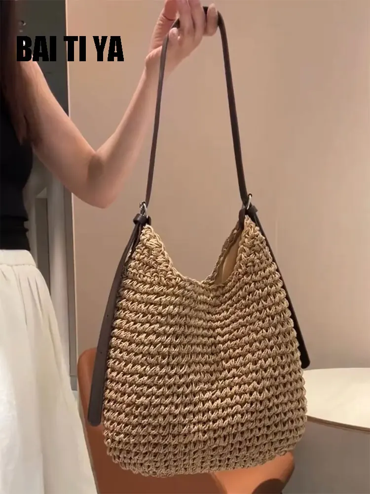 Bolso de Hombro Cruzado de Gran Capacidad de Paja Tejida para Verano, Estilo Brisa Holgada, para Playa y Uso Diario, Bolso Su...