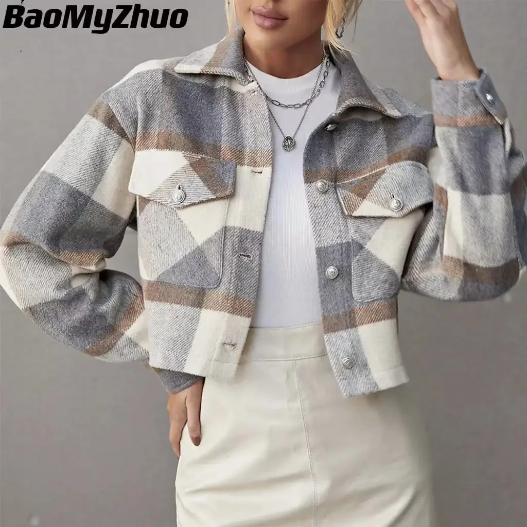 2024 New Winter Jackets Women Coat Lapel Plaid Single-Breasted Woolen Short Coat Autumn Plaid Print Drop Shoulder Crop Overcoat