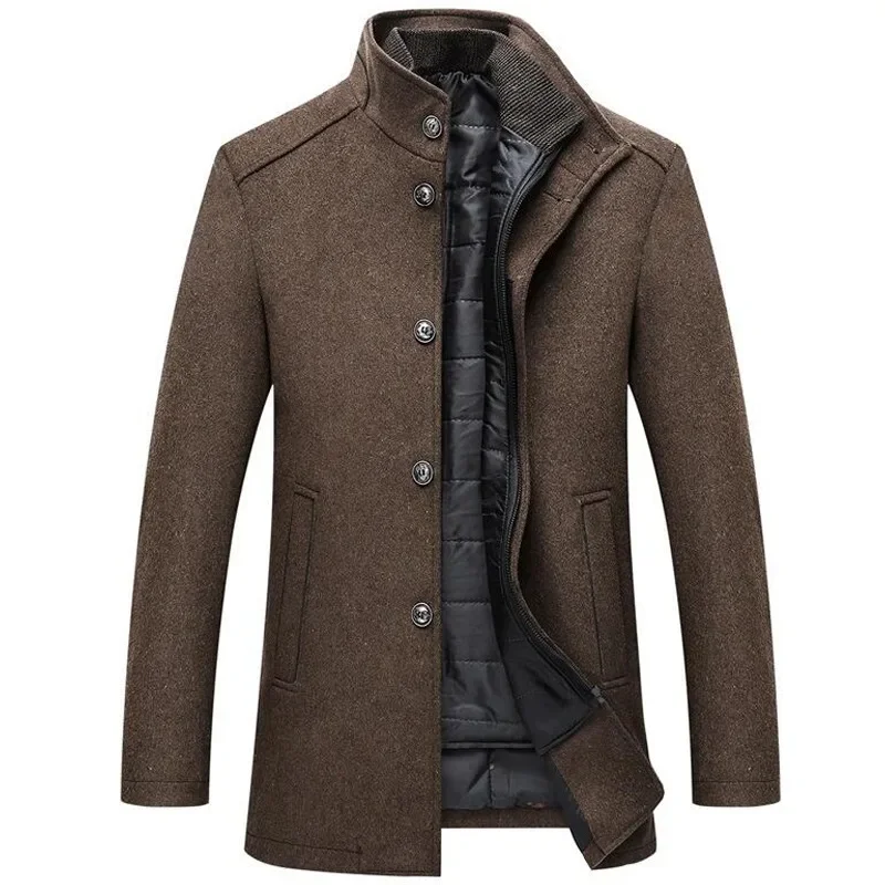 

Men Winter Windbreaker Long Thick Wool Jackets Abrigo Hombre Man Stand Collar Single Breasted with Vest Woolen Coats