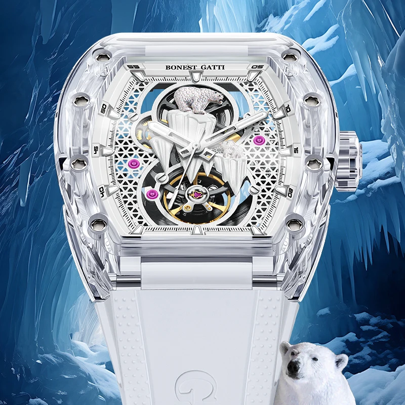 BONEST GATTI Men's Mechanical Watch Polar Bear Dial Barrel-Shaped Skeleton Movement Transparent Crystal Case Automatic Watch