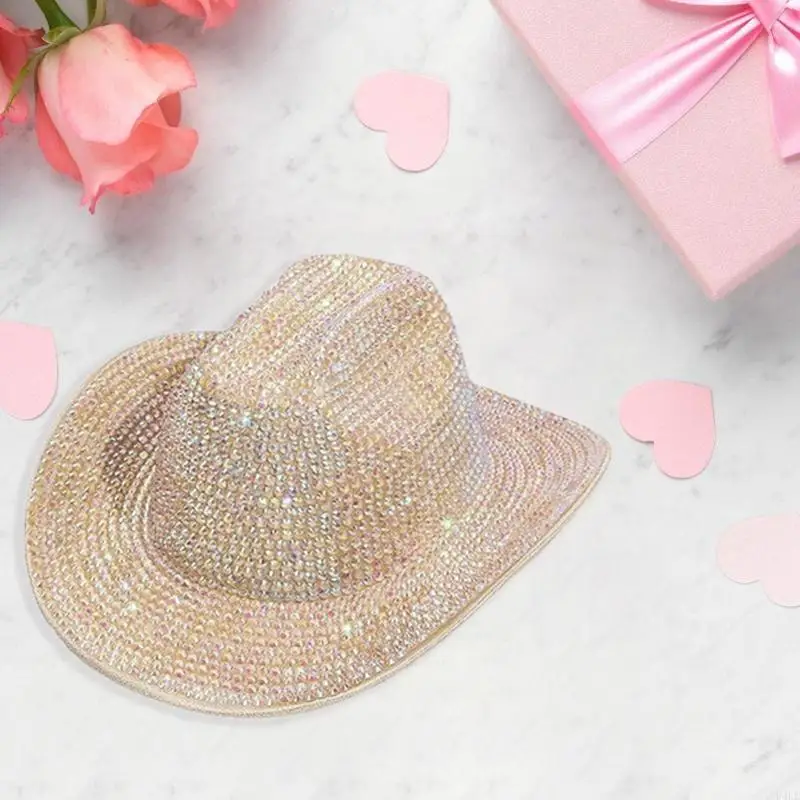 

U4LE Glinting Panama Hat Studded Embellished Party Hat for Women Festival Costume Decorative Crystal Caps Photo Props