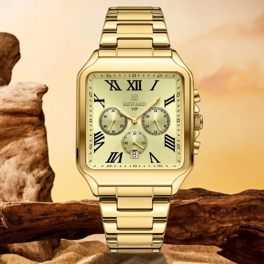 REWARD 812265 Retro Square Roman Digital Dial Men Quartz Watch Chronograph Calendar Stainless Steel Luxury Watches for Men Gift