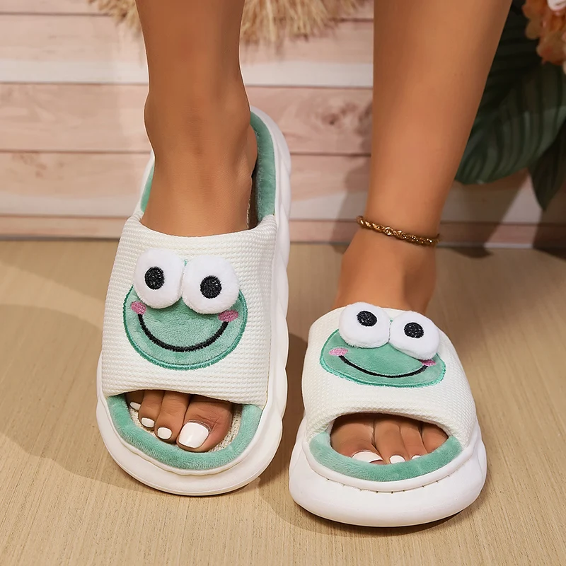 Pantofole Casual in lino con plateau donna Home Frog Cartoon Cute Designer Shoes Girls 2024 New Spring Fashion House Slides Large Size