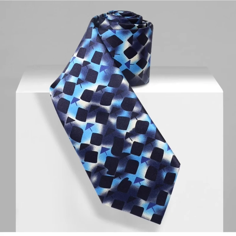 

High Quality 100% Silk Retro Blue Geometric Pattern Wool Lined Silk Tie 9CM Wide Men's Business Banquet Hand Knotted Cravat