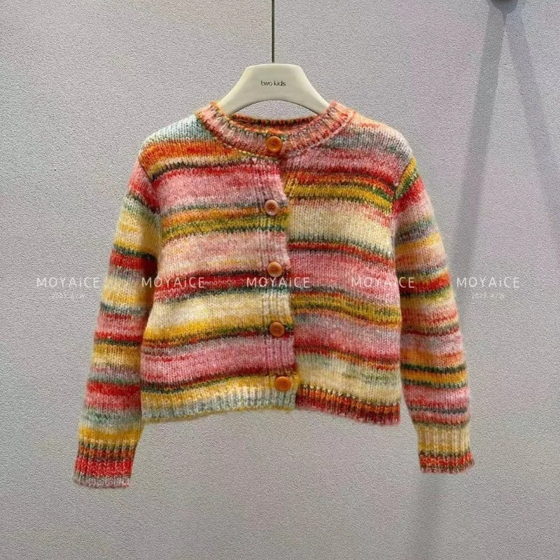 Girls' Sweaters, Cardigans, Korean Spring and Autumn Girls' Children's Rainbow Striped Knitted Sweaters