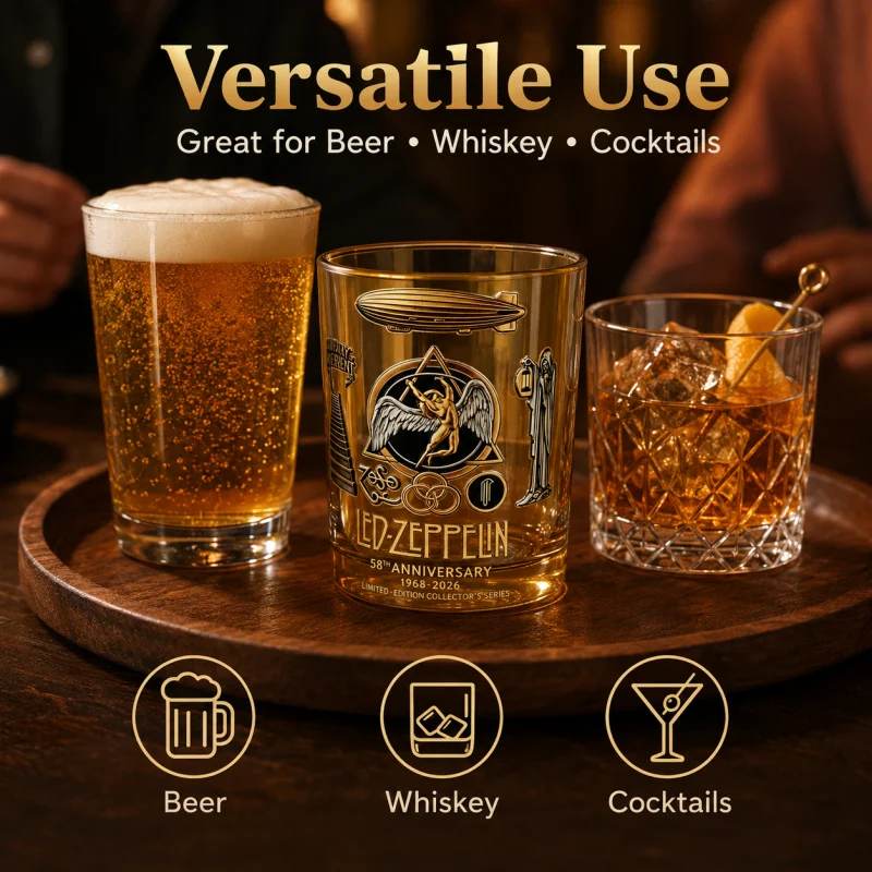 Led Zeppelin 58th Anniversary Amber Glass Rock Bar Whiskey Tumbler Limited Edition Collectible Beer Cup for Rock Fans