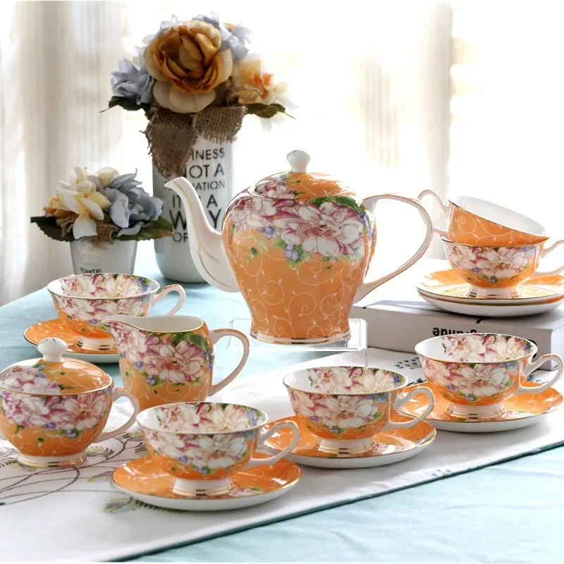 Pink Blue Flower Bone china Coffee Cup Set Porcelain Tea Cup Set Ceramic Pot Mug Sugar Bowl Creamer Teapot Milk Jug Teaset