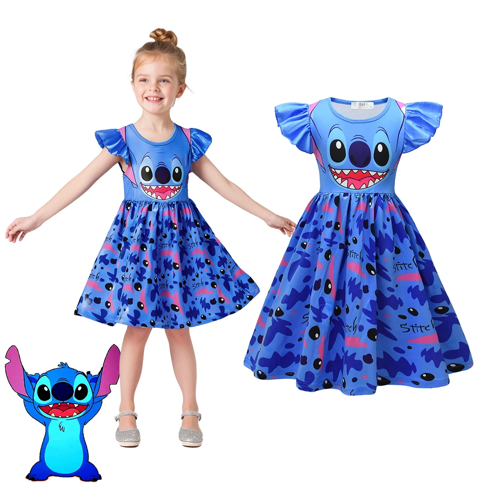 

Little Girls Lilo and Stitch Costume Dress Kawaii Blue 3D Digital Print Stitch Flying Sleeve Skirt Summer Cooler Comfort Clothes