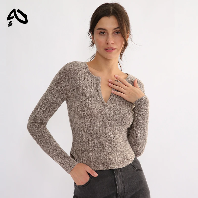 Original Autumn Winter Women's Short Pit Strip Top Solid Slimming V-neck Long Sleeve Elastic Single Wear Bottom Versatile Tops