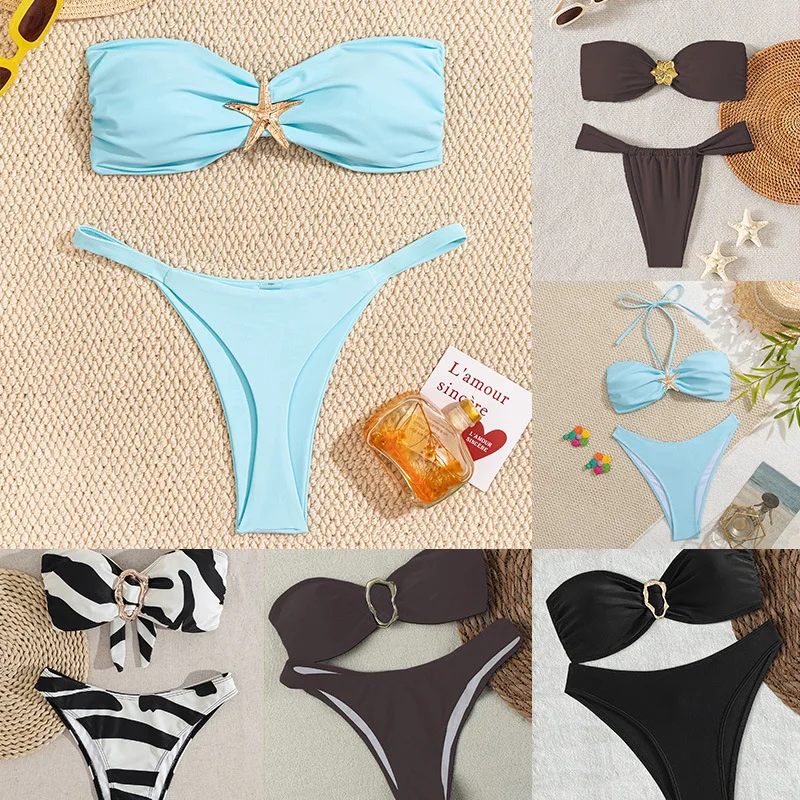 

Best-selling European and American two-piece strapless,halter-neck,metal accessory swimsuit set,bikini solid color,pure desire