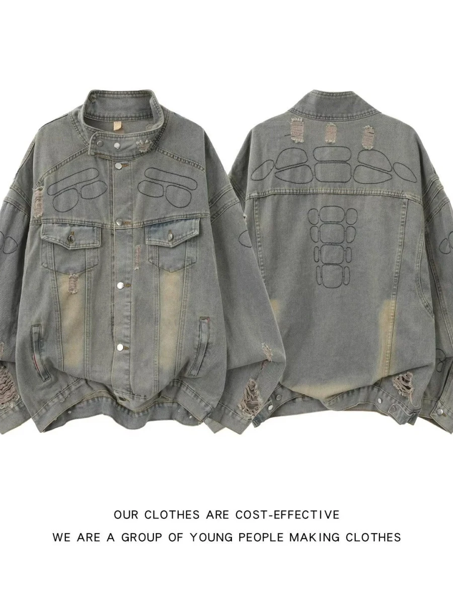 

Retro American Hole Design Men's Denim Jaet Stand Collar Motorcycle Outerwear Autumn High-End Feeling Cool And Haome