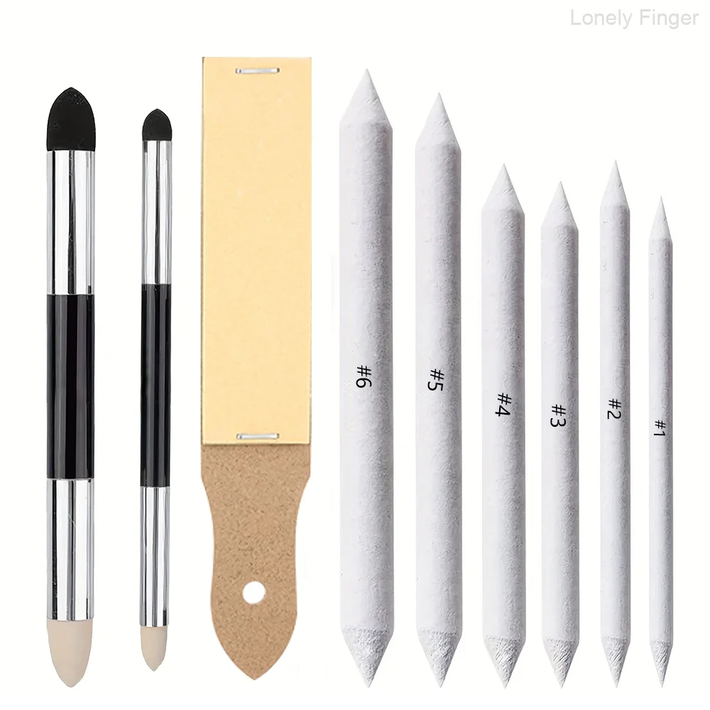 9pcs Blending Sponge Pens and Sandpaper Pencil Sharpener,Blending Drawing Sticks Paper for Student Artist Charcoal Sketch Drawin