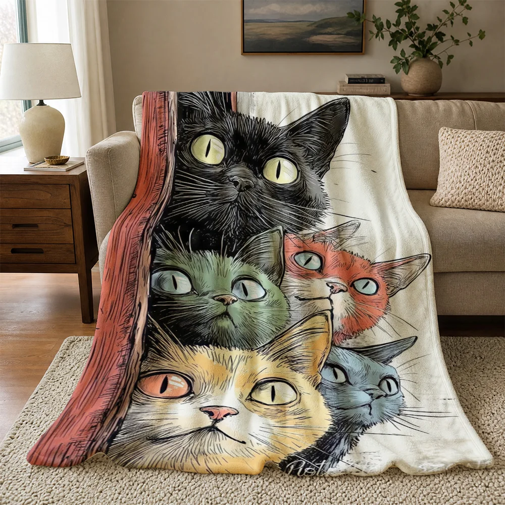 Funny Cat Portrait Throw Blanket for Couch Decor Cute Multi Cat Family Art Print Cozy Throw