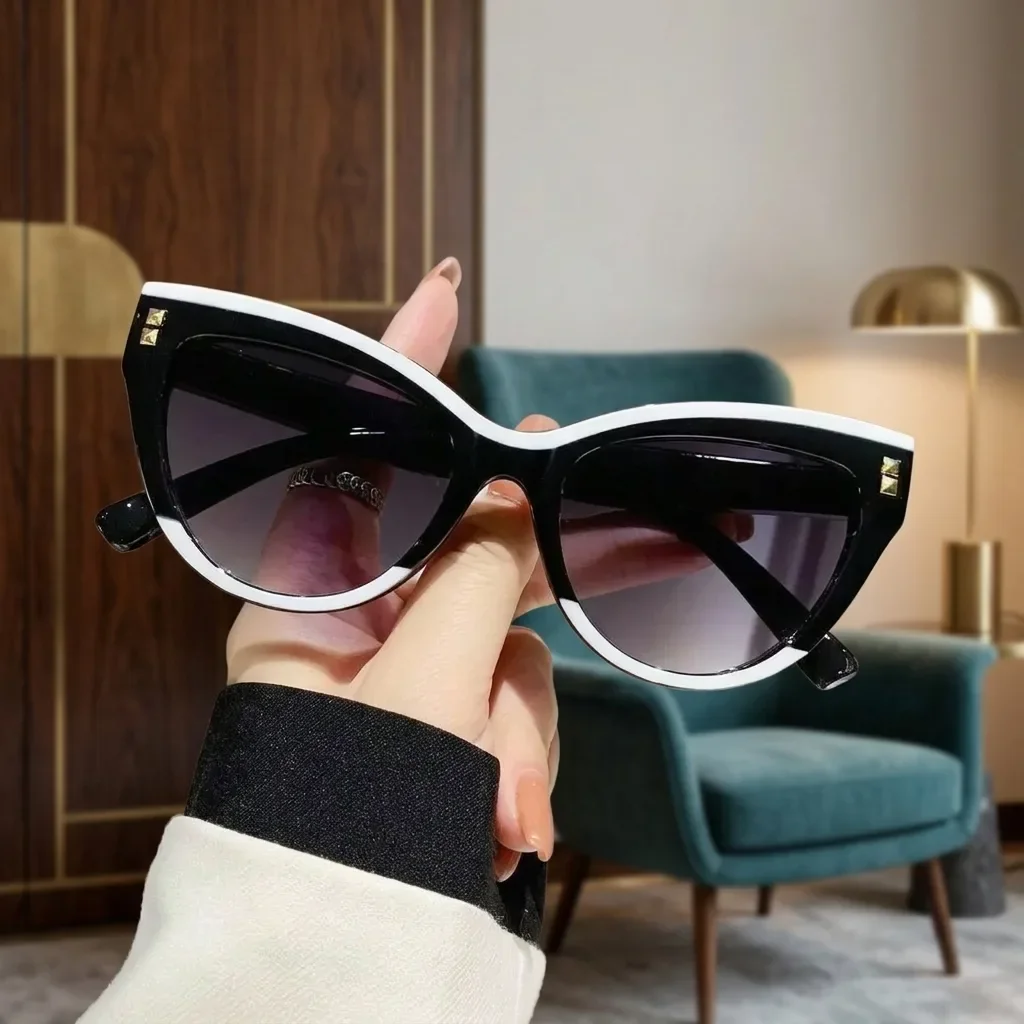 Women Two Tone Black White Cat Eye Sunglasses Retro Gradient Lens UV400 Protection Fashion Shades Outdoor Beach Travel Driving Eyewear
