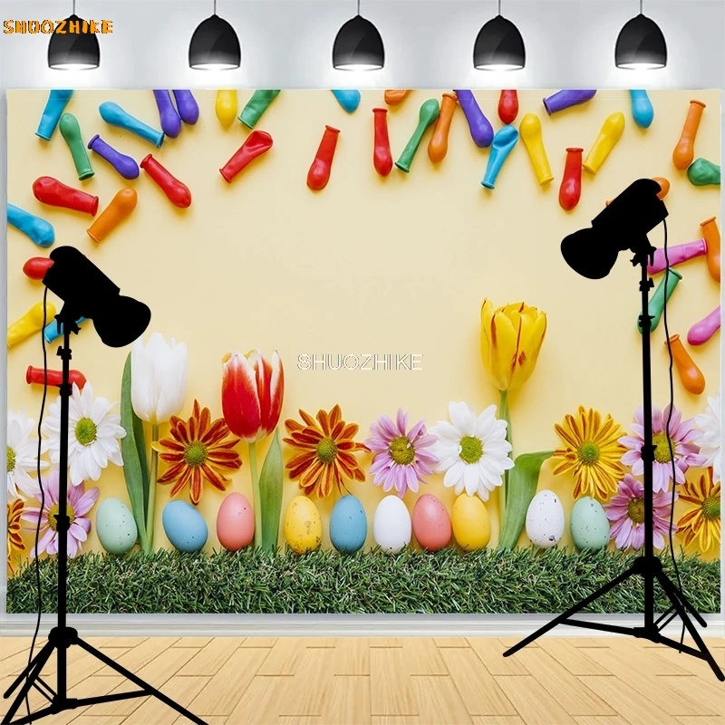 Pastel Happy Easter Day การถ่ายภาพฉากหลัง Prop กับ Bunch ไข่ฟักทองกระต่ายเด็ก Portrait Party ภาพพื้นหลัง ES-03