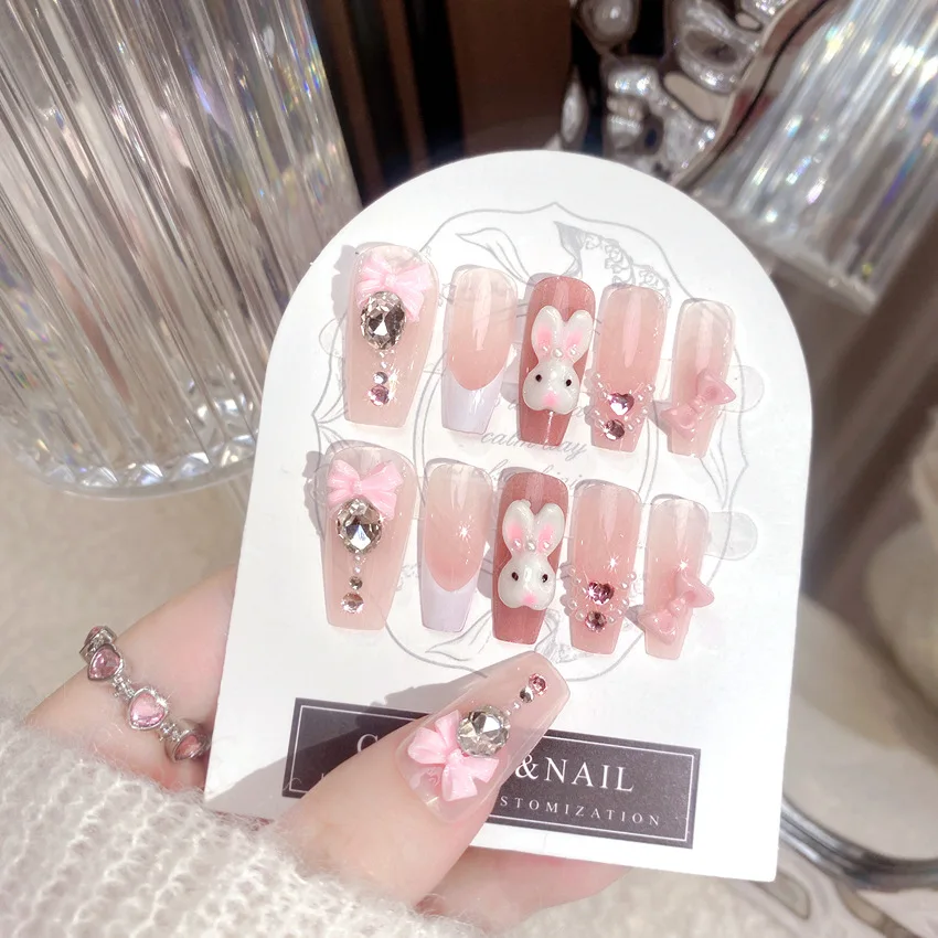 24pcs Kawaii Cartoon Rabbit Press On Nails Bowknots Diamond Decor Mid-length Coffin False Nail White French Blush Pink Fake Nail view 3