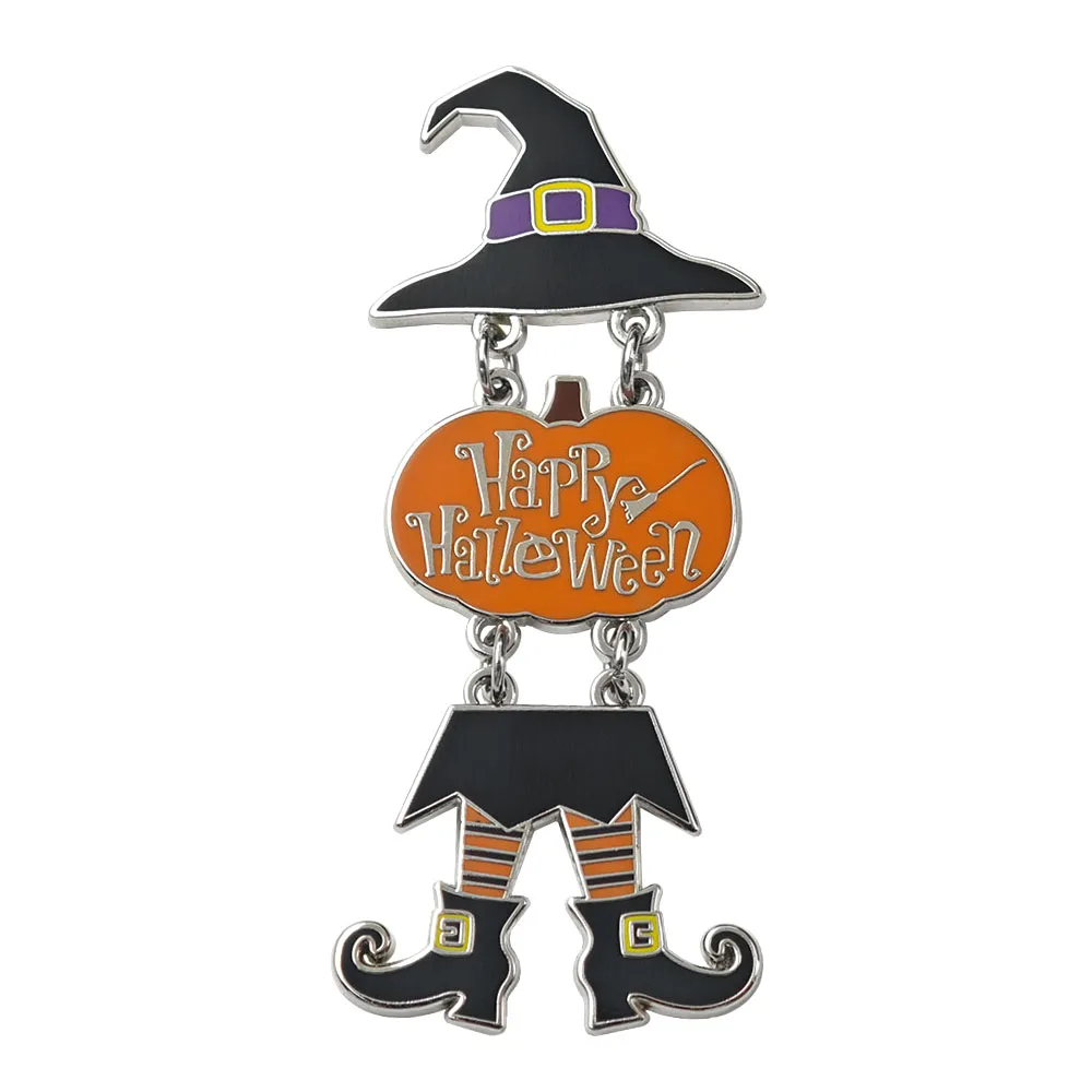 Happy Halloween Metall-Emaille-Anstecknadel mit hängendem Hexenhut, Brosche mit Kettenverbindung, Kürbis-Abzeichen, bewegliche Beine, Reversnadeln, Festivalgeschenk – Detail 5